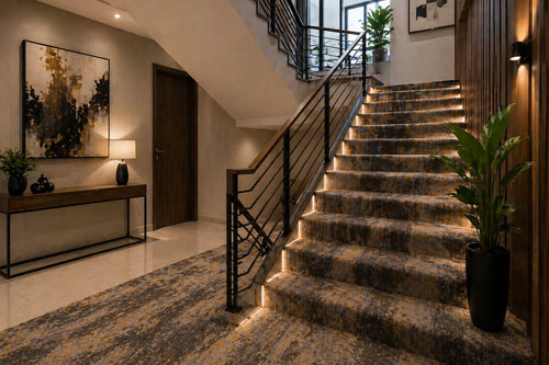 Area tangga kantor dengan karpet custom motif modern dan pencahayaan elegan