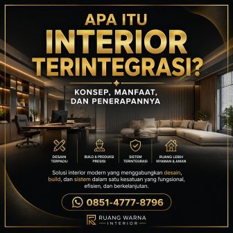 Ilustrasi interior terintegrasi modern yang menampilkan konsep desain, build, dan sistem dalam satu ruang yang estetis, nyaman, dan fungsional