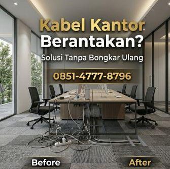 kabel kantor berantakan dan solusi interior terintegrasi dengan manajemen kabel rapi