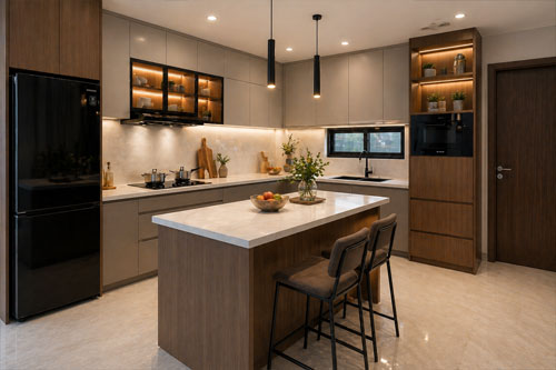 Kitchen set kantor modern dengan sentuhan karpet custom untuk area santai karyawan