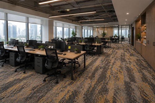 Interior ruang kerja kantor dengan karpet custom modern yang nyaman dan estetik
