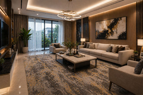 Ruang tamu kantor dengan karpet custom elegan untuk menciptakan suasana nyaman dan profesional