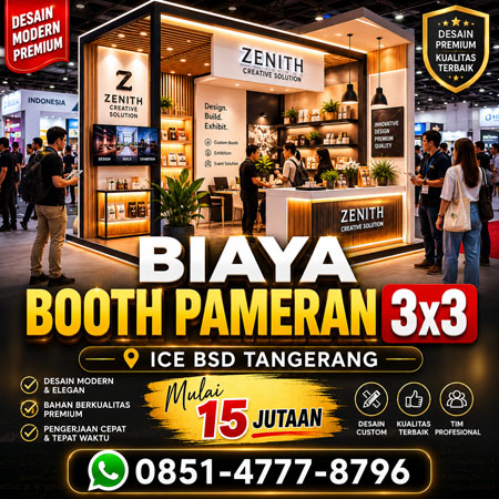 Biaya booth pameran 3x3 di ICE BSD Tangerang desain booth exhibition modern untuk UMKM dan corporate kecil