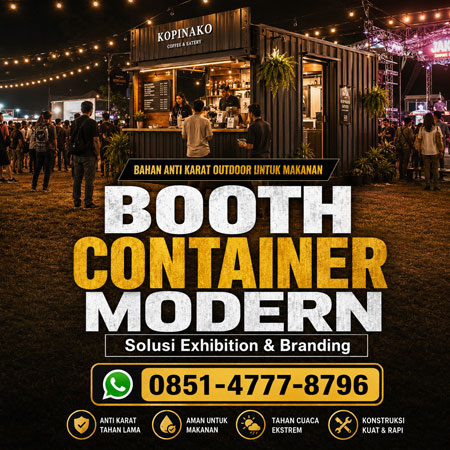 Booth container modern untuk exhibition dan branding bisnis profesional