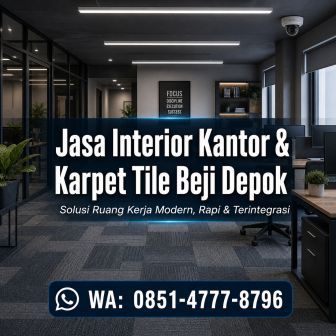Interior kantor modern Beji Depok dengan karpet tile dan CCTV