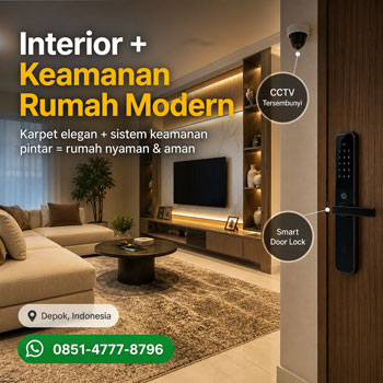 Interior rumah modern dengan karpet custom dan CCTV tersembunyi