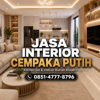 Jasa interior Cempaka Putih Jakarta Pusat untuk kitchen set custom ruang tamu elegan dan lemari built in modern.