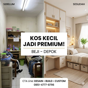 Desain interior kos kecil di Beji Depok sebelum dan sesudah menjadi kamar minimalis modern premium