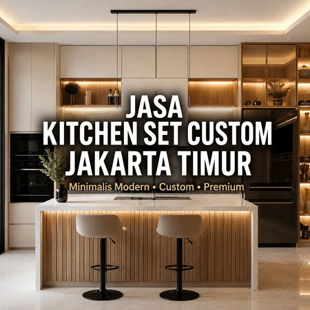Jasa pembuatan kitchen set custom Jakarta Timur minimalis modern dengan desain dapur premium LED hidden lighting.