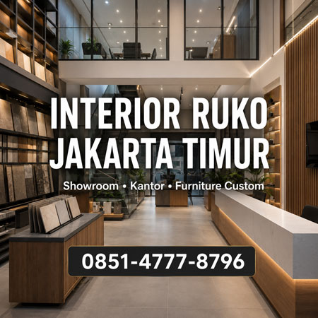 Interior Ruko Jakarta Timur untuk showroom, kantor, distributor dan toko bangunan dengan furniture custom, CCTV, fire alarm dan desain modern.