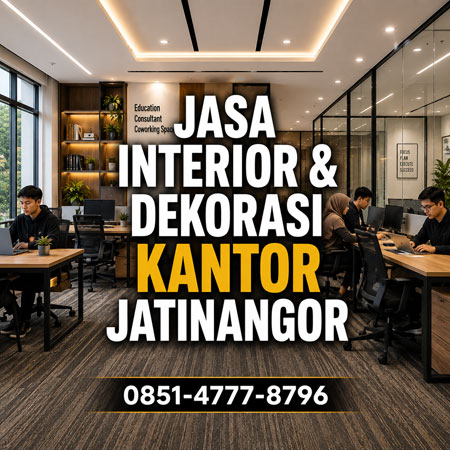 Jasa interior dan dekorasi kantor Jatinangor modern untuk startup kampus konsultan pendidikan dan coworking space dengan desain premium LED dan karpet kantor