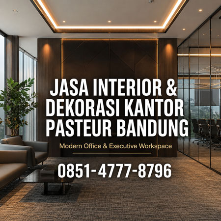 Jasa Interior dan Dekorasi Kantor Pasteur Bandung modern office executive workspace dengan wall panel branding dan ruang meeting premium