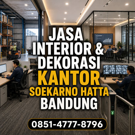 Jasa interior dan dekorasi kantor Soekarno Hatta Bandung untuk gudang logistik distributor supplier importir dengan partisi kantor CCTV access control dan karpet kantor modern.