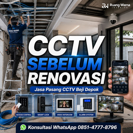 Teknisi Ruang Warna Interior memasang jalur CCTV sebelum renovasi selesai di Beji Depok agar siap terintegrasi dengan Access Control, Smart Lock, dan sistem keamanan modern.
