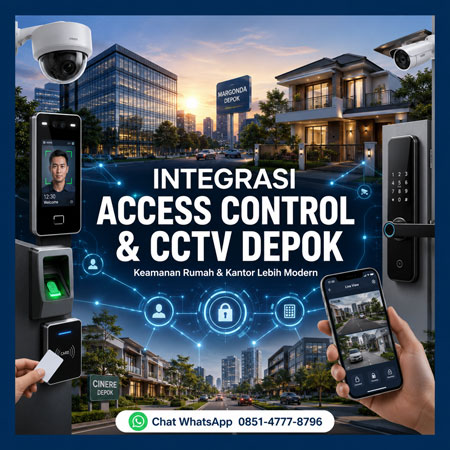 Integrasi Access Control dan CCTV Depok oleh Ruang Warna Interior untuk keamanan rumah, kantor, klinik, gudang, dan kost modern dengan monitoring smartphone real time.