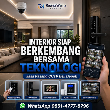 Interior modern di Beji Depok yang telah dipersiapkan untuk integrasi CCTV, Smart Lock, Access Control, Fingerprint, dan sistem keamanan pintar oleh Ruang Warna Interior.