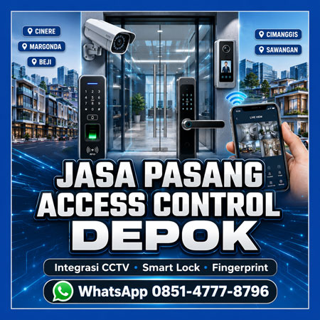 Jasa Pasang Access Control Depok terintegrasi CCTV, Smart Lock, Fingerprint, Alarm, Video Intercom dan Monitoring HP untuk rumah, kantor, gudang, sekolah, hotel serta toko di Depok.