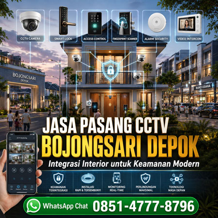Jasa Pasang CCTV Bojongsari Depok dengan integrasi Smart Lock Access Control Fingerprint Alarm Intercom dan monitoring smartphone pada rumah modern kawasan Bojongsari Depok