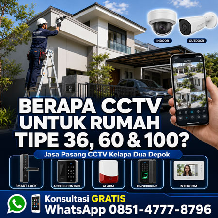 Jasa Pasang CCTV Kelapa Dua Depok untuk rumah tipe 36, tipe 60, dan tipe 100 dengan sistem keamanan terintegrasi, monitoring melalui smartphone, Smart Lock, Access Control, dan Alarm.