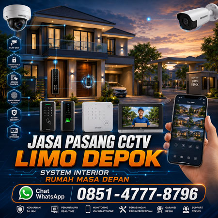 Jasa Pasang CCTV Limo Depok dengan System Interior Keamanan Rumah Masa Depan terintegrasi Smart Lock, Access Control, Fingerprint, Alarm Security, Video Intercom dan monitoring smartphone oleh Ruang Warna Interior.
