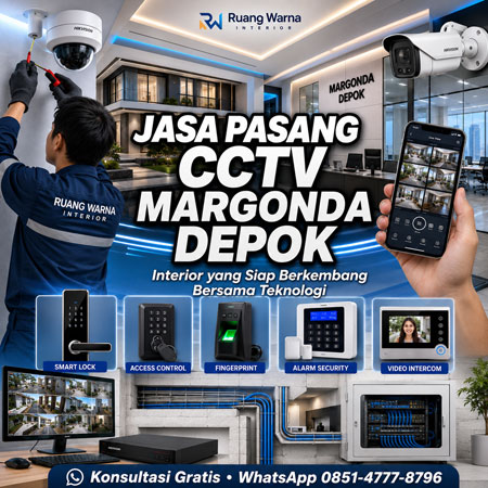 Jasa Pasang CCTV Margonda Depok dengan interior modern yang terintegrasi Smart Lock, Access Control, Fingerprint, Alarm Security, Video Intercom, dan monitoring melalui smartphone oleh Ruang Warna Interior.