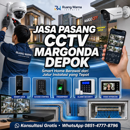 Jasa Pasang CCTV Margonda Depok dengan sistem Smart Home, Access Control, Smart Lock, Fingerprint, Alarm, Intercom, dan monitoring melalui smartphone oleh Ruang Warna Interior.