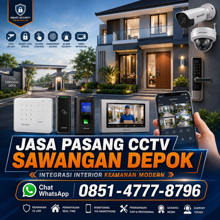 Jasa Pasang CCTV Sawangan Depok dengan integrasi Smart Lock, Access Control, Fingerprint, Alarm Security, Video Intercom dan monitoring melalui smartphone oleh Ruang Warna Interior.