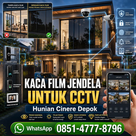 Kaca film jendela untuk CCTV hunian Cinere Depok dengan Smart Lock Access Control Fingerprint Alarm Security dan monitoring smartphone pada rumah modern premium