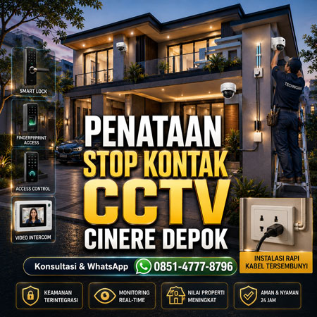 Penataan stop kontak untuk pemasangan CCTV rumah modern di Cinere Depok dengan Smart Lock, Access Control, Fingerprint dan sistem keamanan terintegrasi.