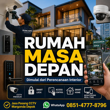 Rumah masa depan di Margonda Depok dengan desain interior modern yang dipersiapkan untuk CCTV, Smart Lock, Access Control, dan sistem keamanan terintegrasi oleh Ruang Warna Interior.