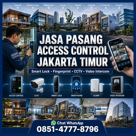 Jasa Pasang Access Control Jakarta Timur oleh Ruang Warna Interior dengan integrasi Smart Lock, Fingerprint, CCTV, Alarm Security, Video Intercom dan Monitoring HP untuk rumah, kantor dan bangunan komersial modern.